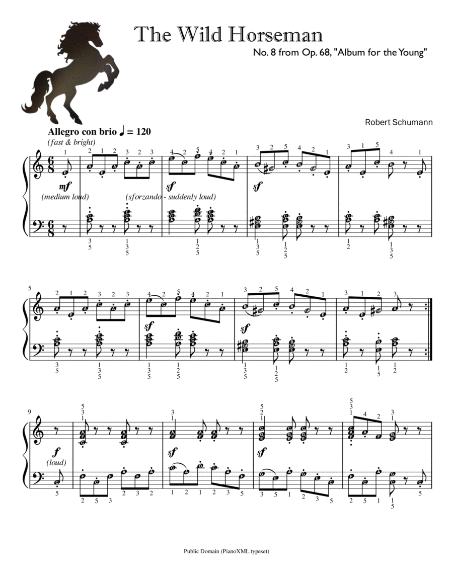 The Wild Horseman Op. 68 No. 8 by Schumann ~ Self-Learning Series with note names, finger numbers Easy Piano scores gallery preview page 1