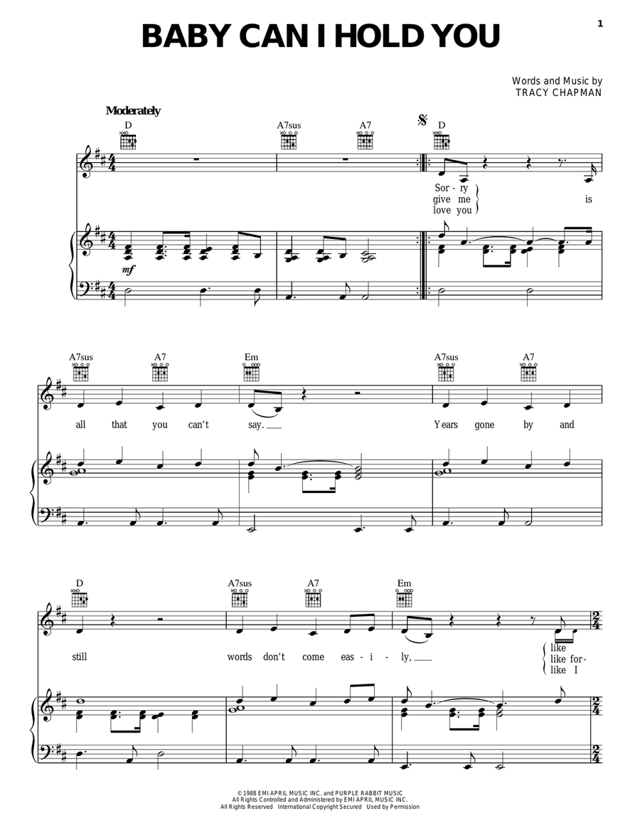 Baby Can I Hold You Piano, Vocal, Guitar scores gallery preview page 1