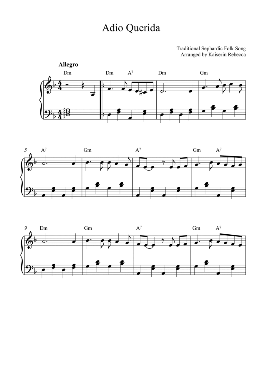 Adio Querida (Goodbye My Beloved) Piano Solo scores gallery preview page 1