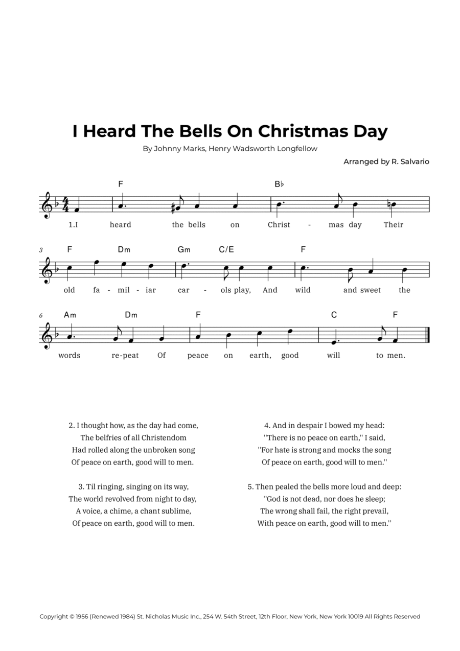 I Heard The Bells On Christmas Day (Key of F Major) Easy Piano scores gallery preview page 1