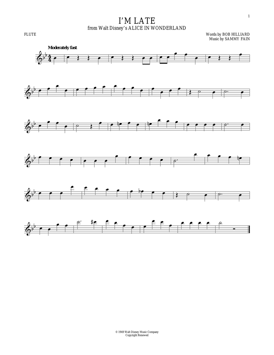 I'm Late (from Alice In Wonderland) Flute Solo scores gallery preview page 1