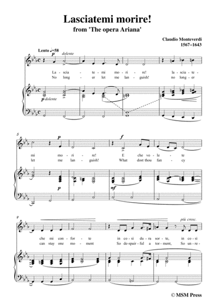 Monteverdi-Lasciatemi morire,from 'The opera ariana',in c minor,for Voice and Piano image number null