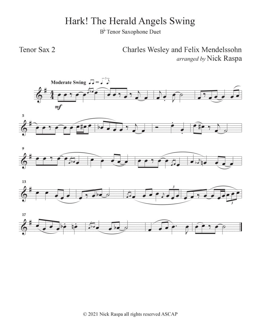 Hark! The Herald Angels Swing (Tenor Sax Duet) Tenor Sax 2 part Woodwind Duet scores gallery preview page 1