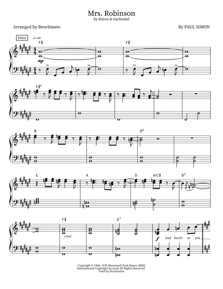 Mrs. Robinson Piano Solo scores gallery preview page 1