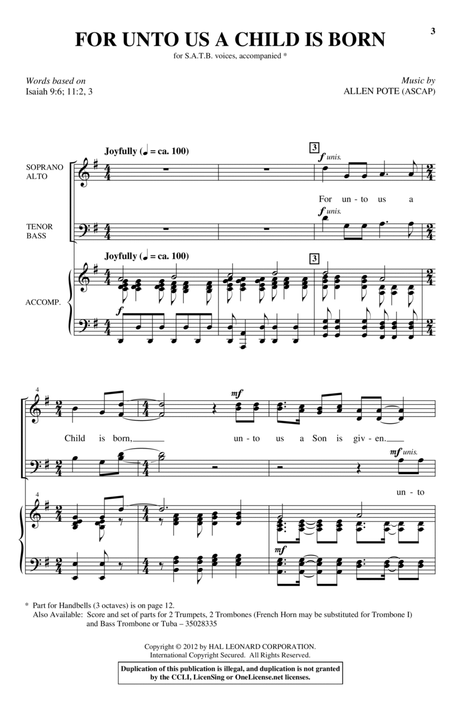 For Unto Us A Child Is Born 4-Part scores gallery preview page 1