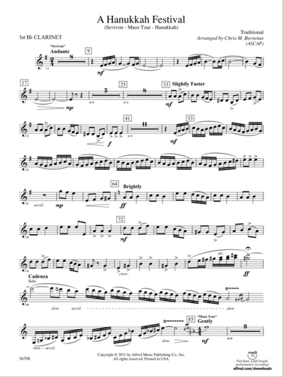 A Hanukkah Festival: 1st B-flat Clarinet Concert Band scores gallery preview page 1