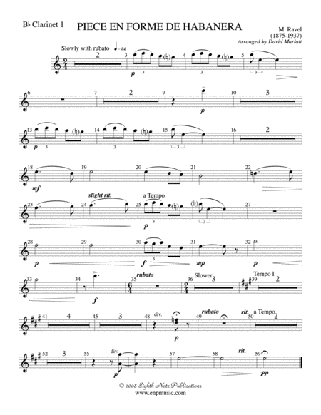 Piece en Forme de Habanera (Soloist and Concert Band): 1st B-flat Clarinet