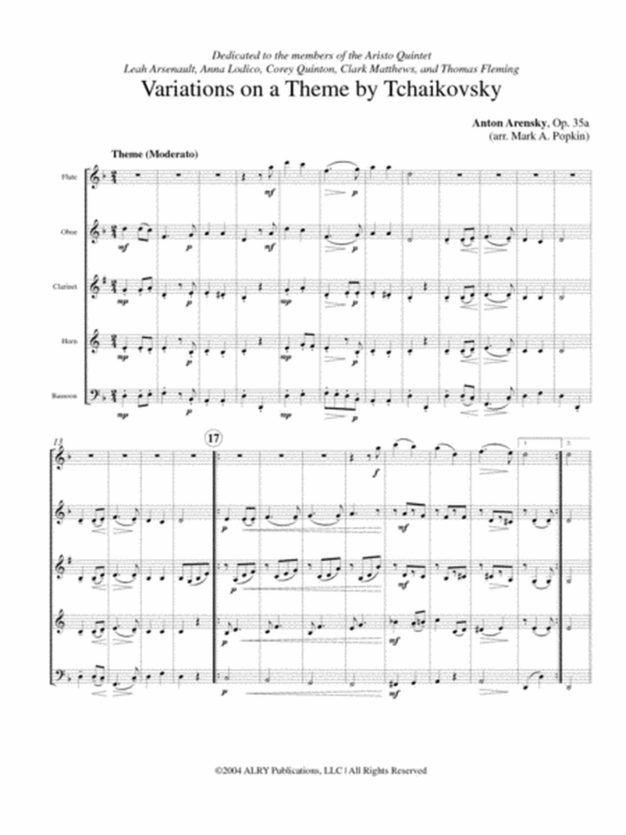 Variations on a Theme by Tchaikovsky, Op. 35a for Wind Quintet