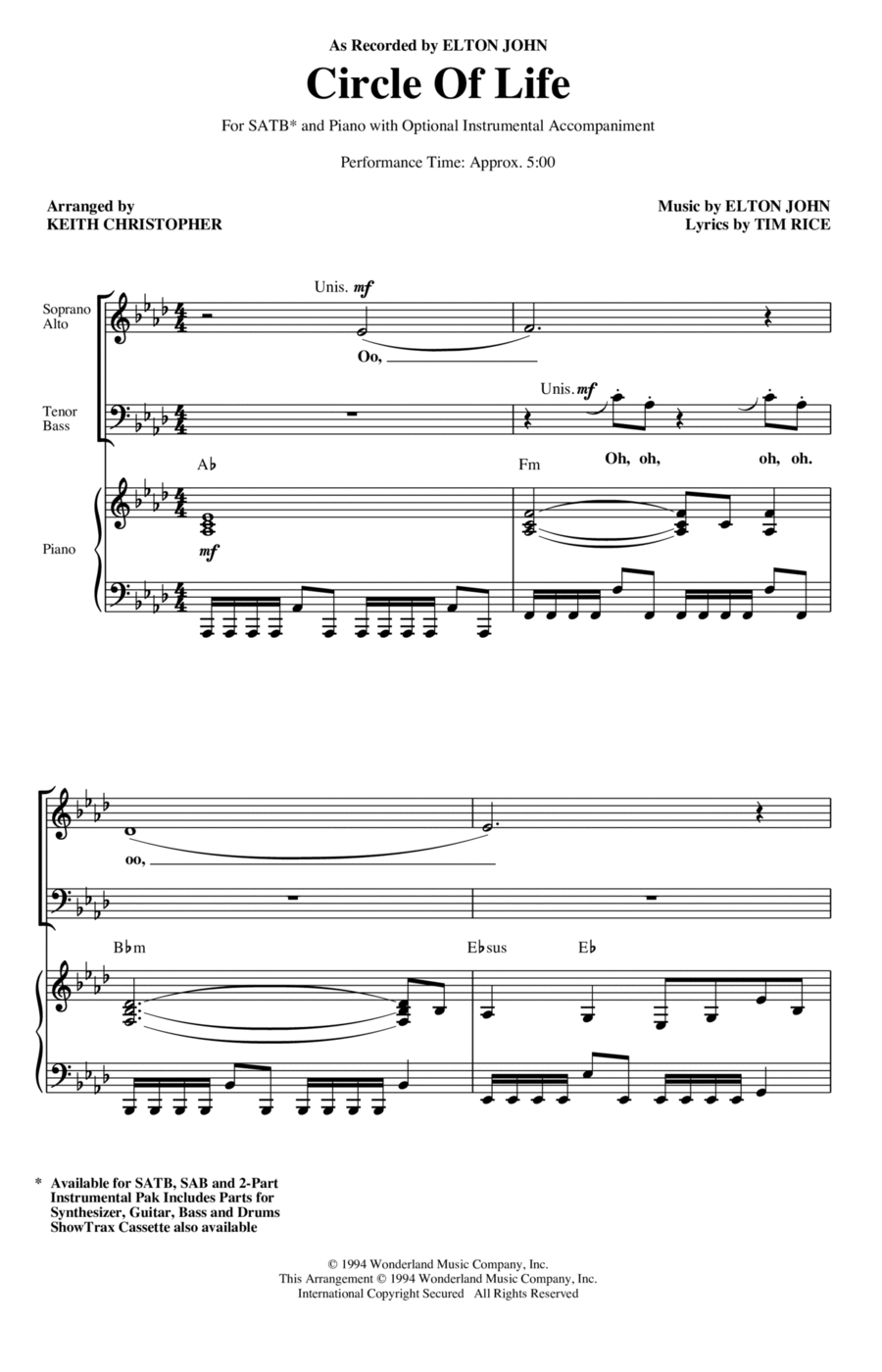 Circle Of Life (from The Lion King) (arr. Keith Christopher) 4-Part scores gallery preview page 1