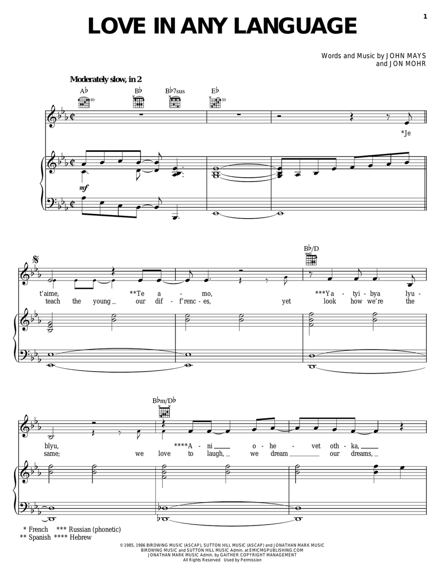 Love In Any Language Piano, Vocal, Guitar scores gallery preview page 1