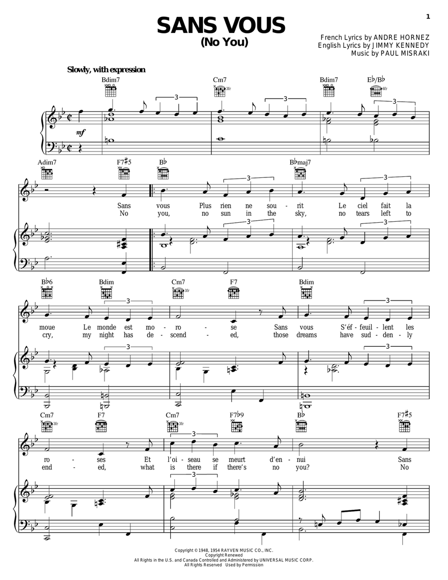 Sans Vous (No You) Piano, Vocal, Guitar scores gallery preview page 1