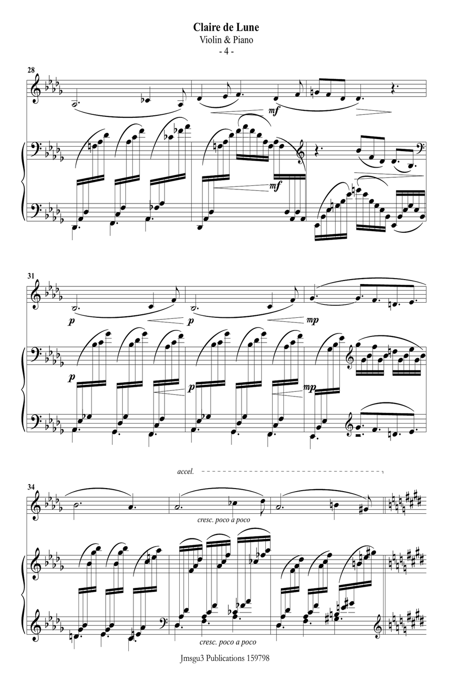 Debussy: Claire de Lune for Violin & Piano Violin Solo scores gallery preview page 4