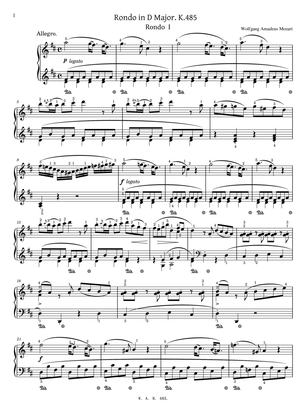 Mozart - Rondo in D Major K.485 - Original With Fingered - For Piano Solo