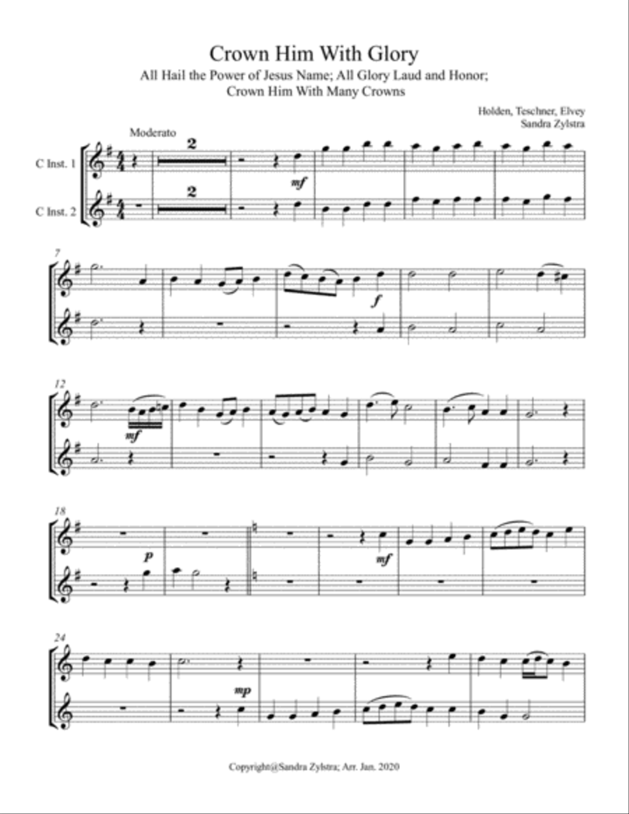 Crown Him With Glory (treble C instrument duet, parts only) Piano scores gallery preview page 1