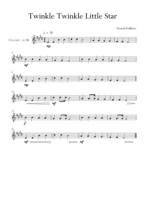 Twinkle Twinkle Little Star for Clarinet in D Major. Very Easy.