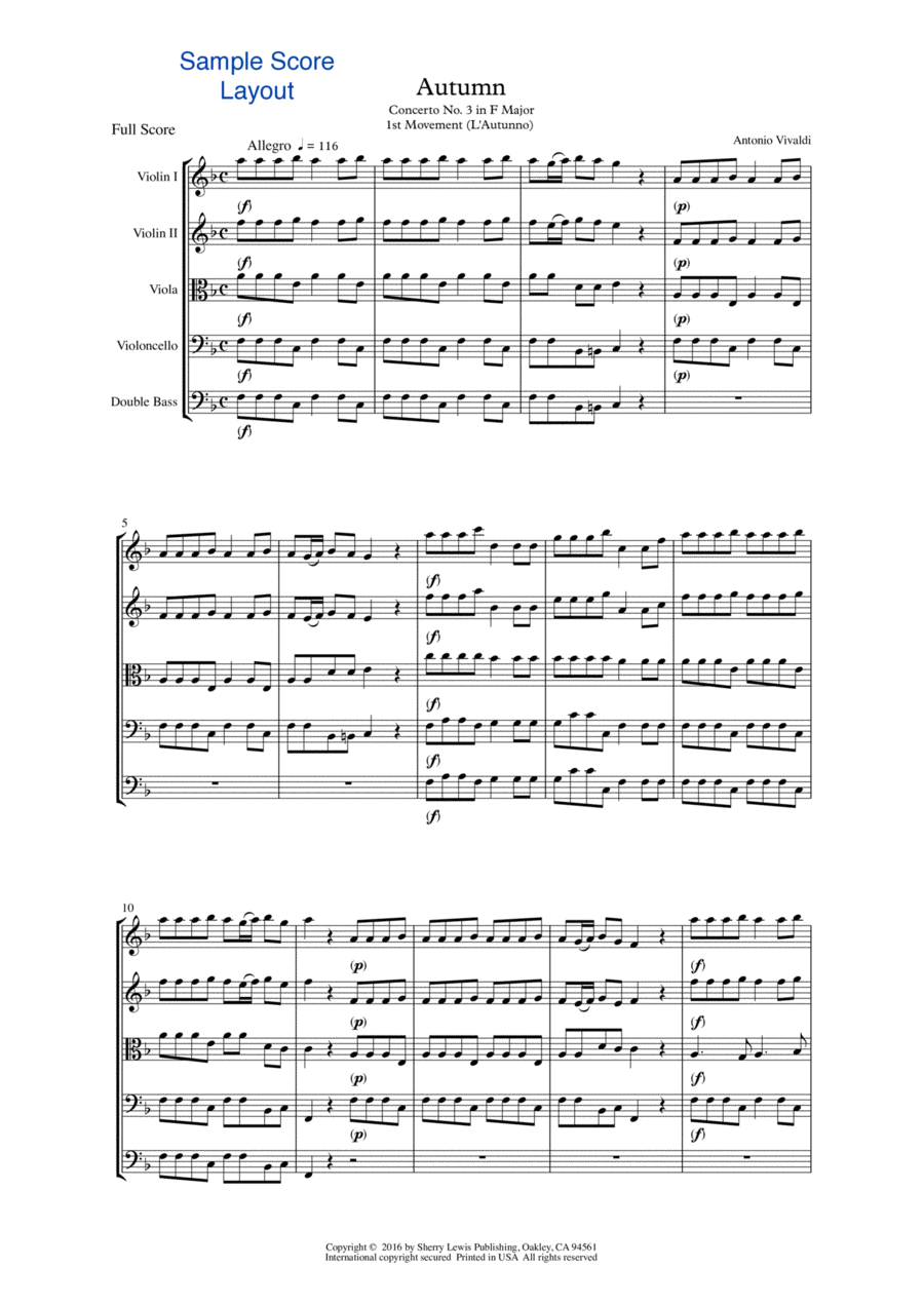 AUTUMN, Allegro by Vivaldi String Trio, Intermediate Level for 2 violins and cello or violin, viola String Trio scores gallery preview page 1