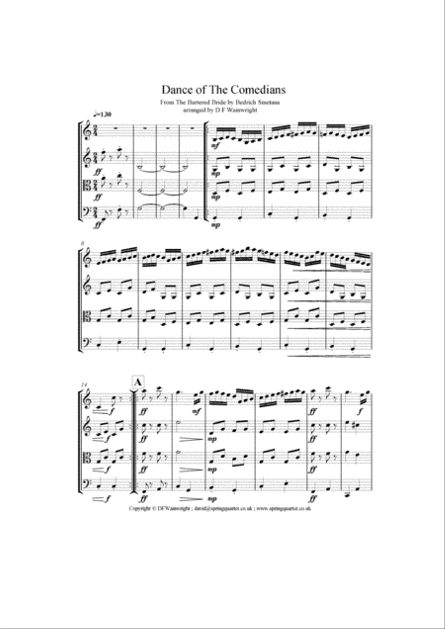 Dance of the Comedians from The Bartered Bride by Smetana for string quartet, score, parts String Quartet scores gallery preview page 1