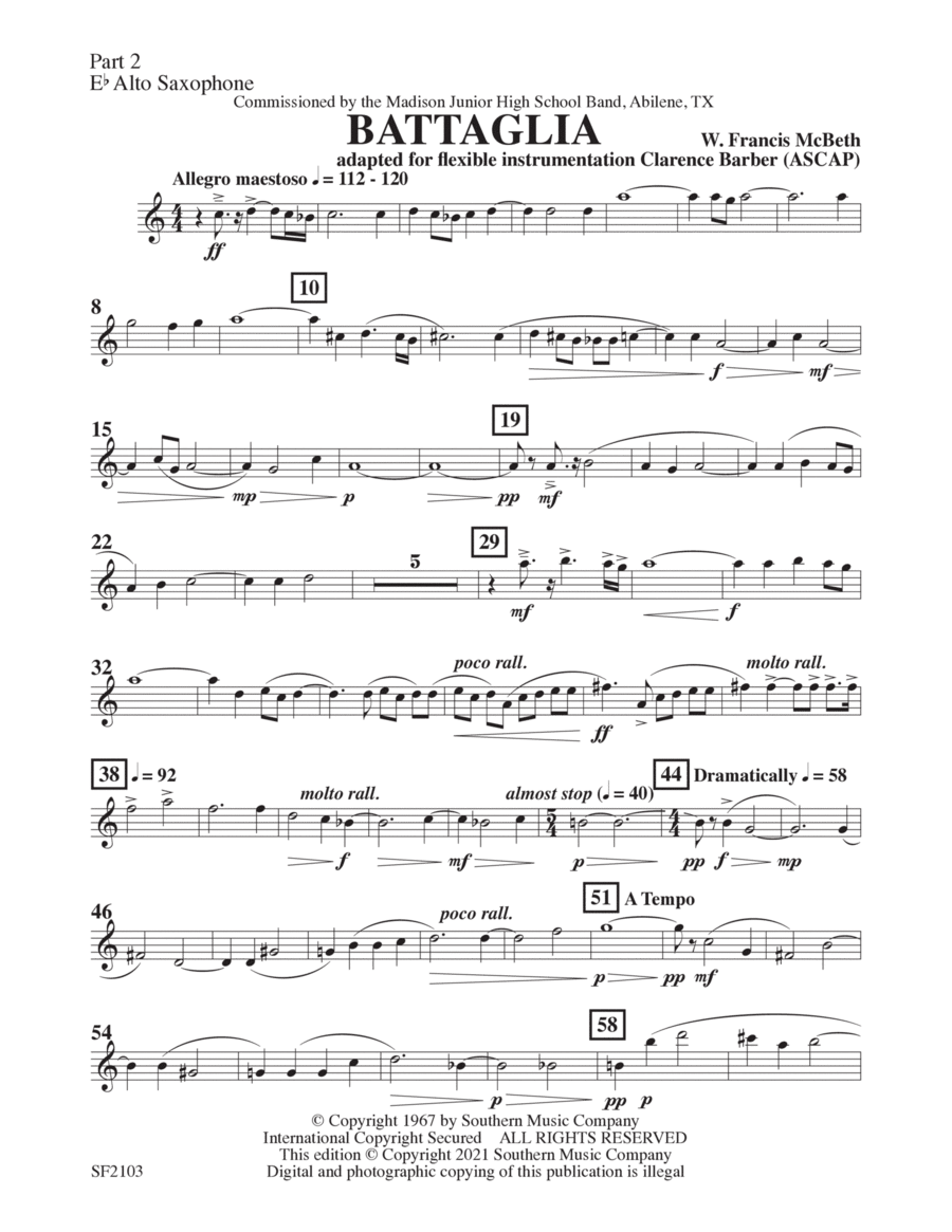 Battaglia - Alto Sax 2 Concert Band scores gallery preview page 1