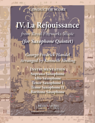 Book cover for La Rejouissance from Royal Fireworks Music (for Saxophone Quintet SATTB)