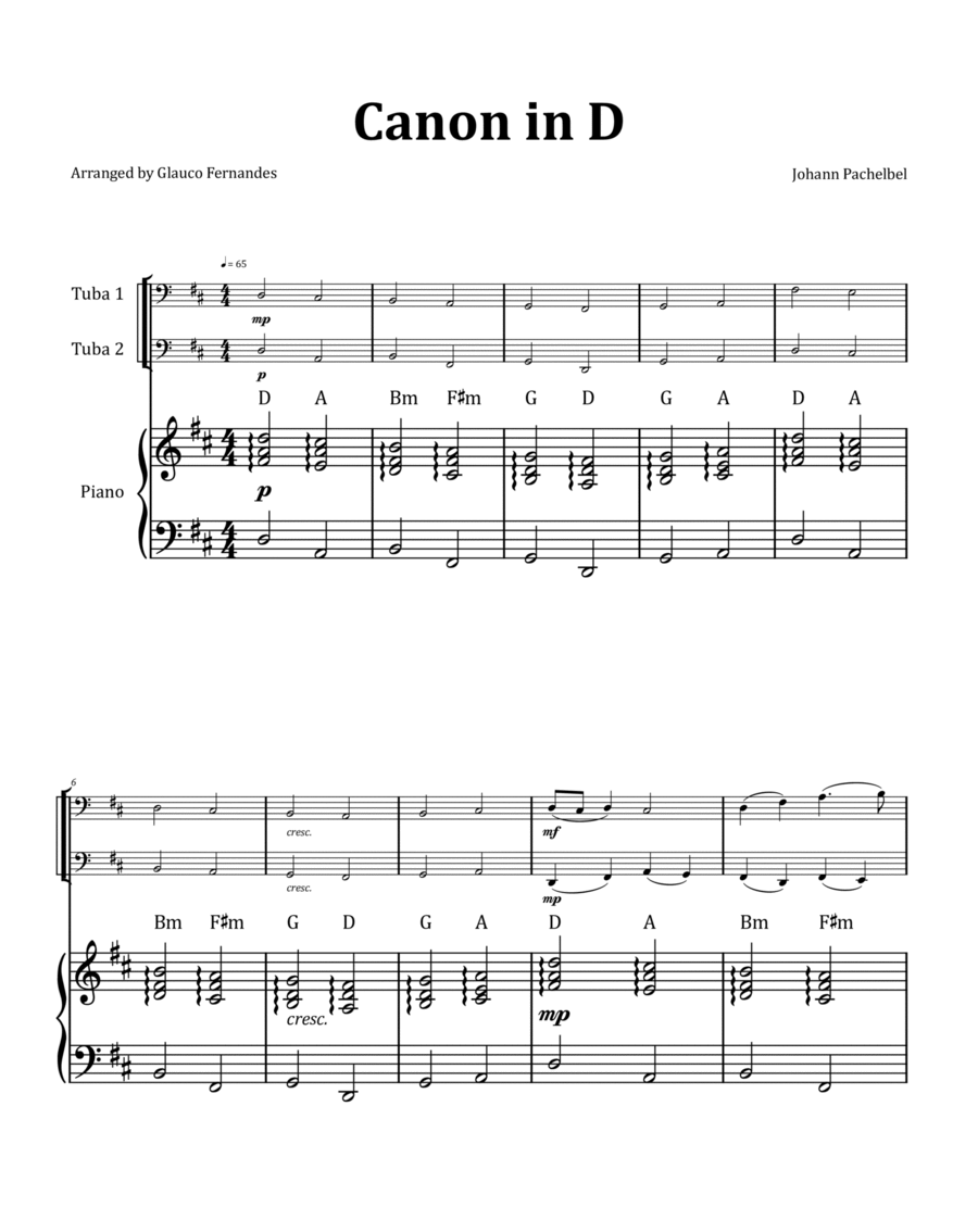 Canon by Pachelbel - Tuba Duet with Piano and Chord Notation image number null