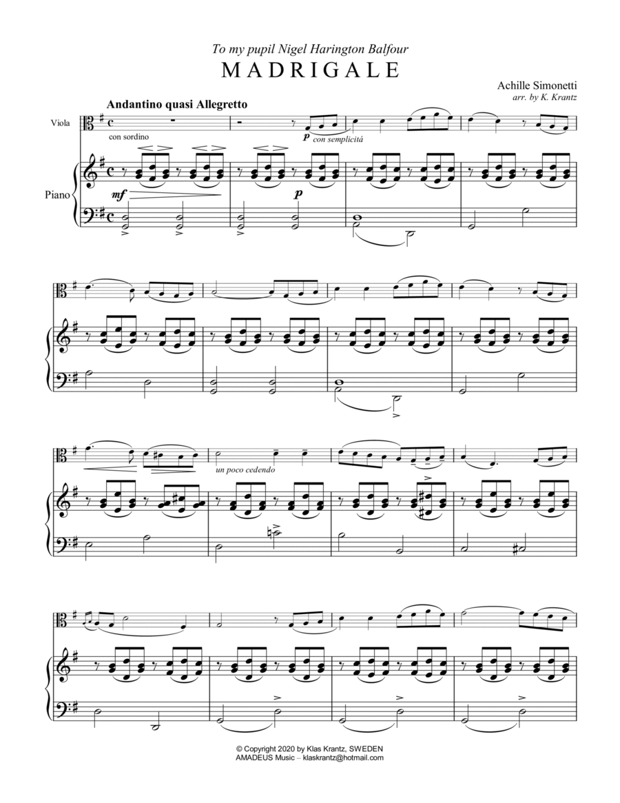 Madrigale for viola and piano Piano scores gallery preview page 1