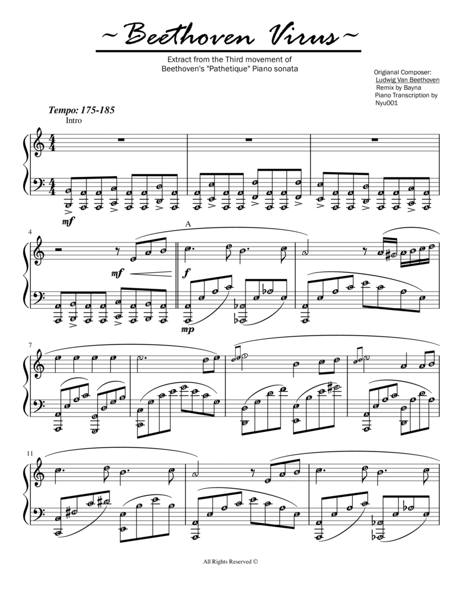Beethoven Virus (Extracted 3rd Mvt of Sonata Pathetique) with note names Piano Solo scores gallery preview page 1