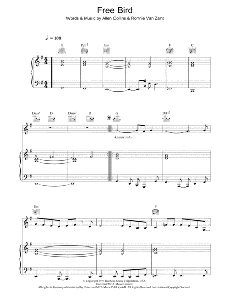 Free Bird by Lynyrd Skynyrd Piano, Vocal, Guitar - Digital Sheet Music