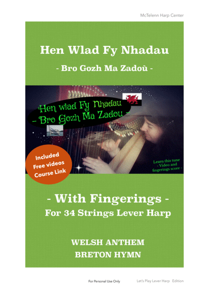 Hen Wlad Fy Nhadau / Bro Gozh Ma Zadoù - Welsh Anthem / breton Hymn  - For Lever harp + Fingerings Score + Video Course - Argt By Eve McTelenn image number null