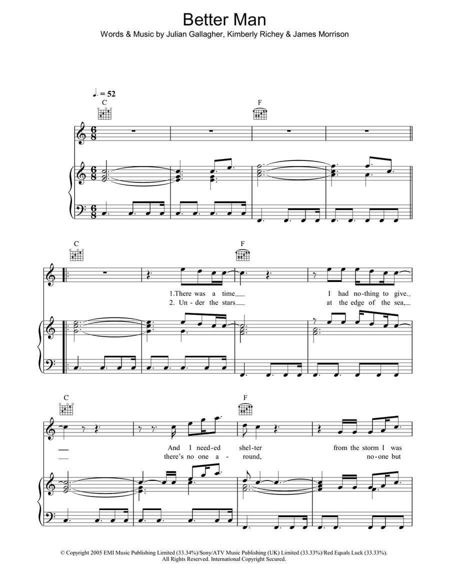 Better Man Piano, Vocal, Guitar scores gallery preview page 1
