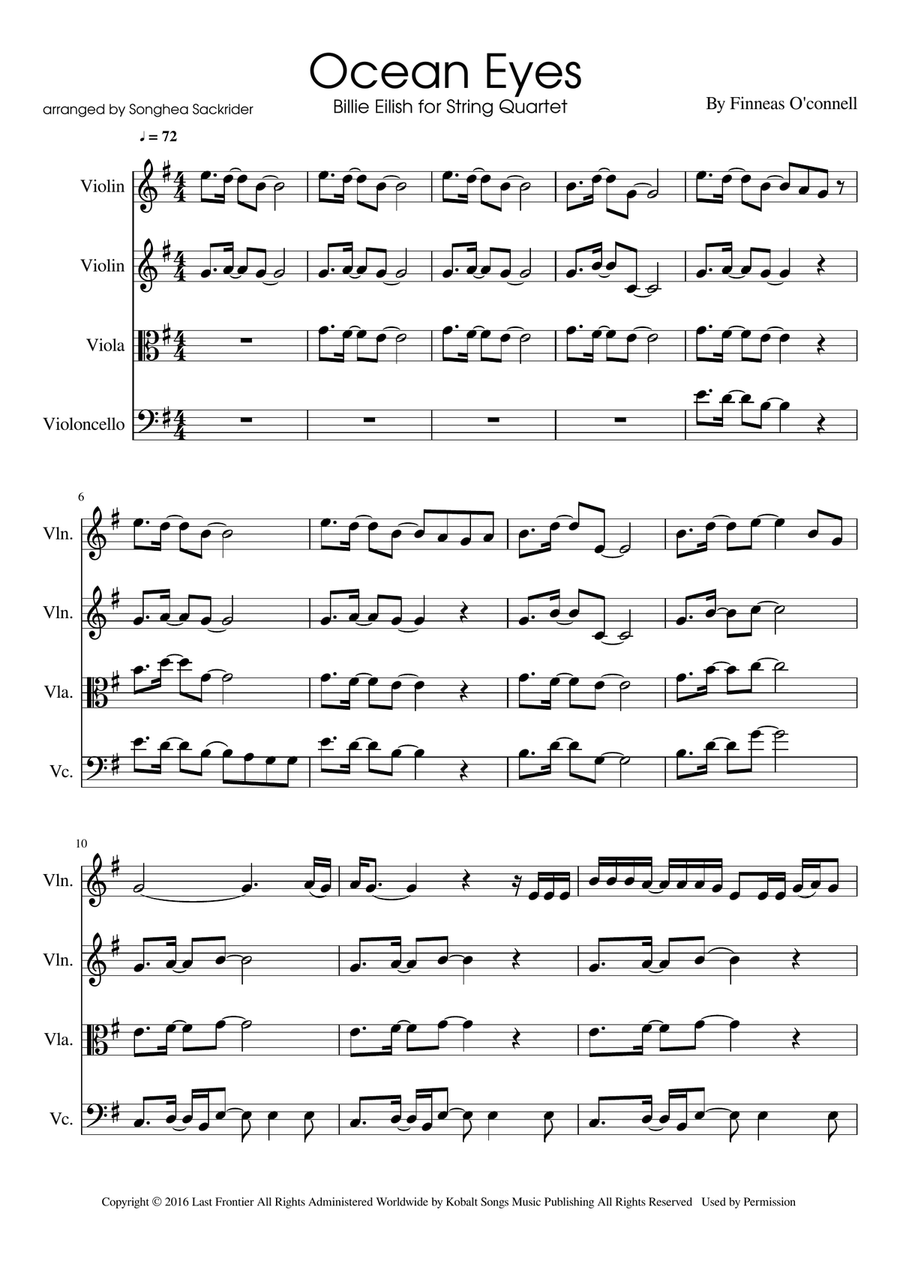 Ocean Eyes String Quartet scores gallery preview page 1
