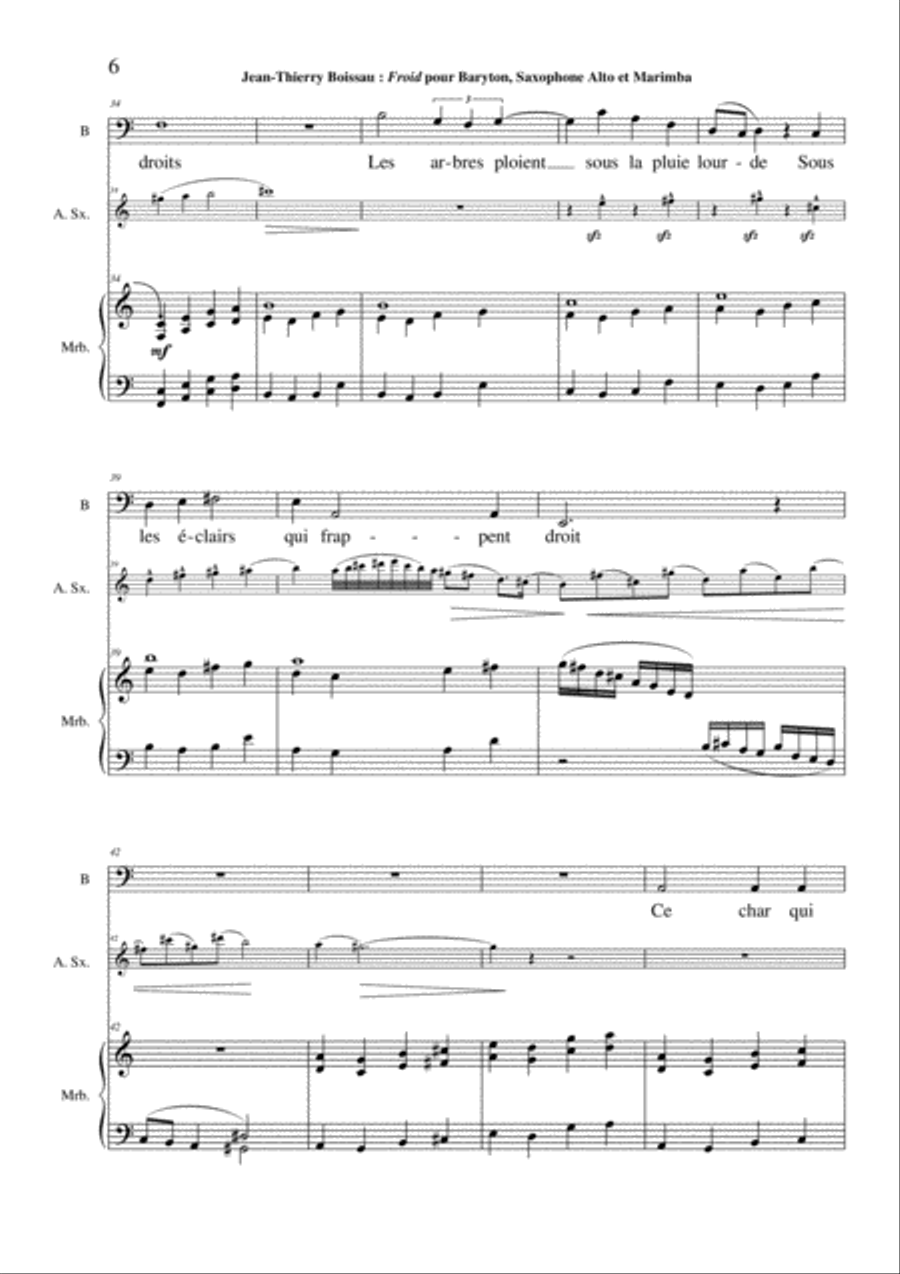 Jean-Thierry Boisseau Froid for baritone voice, alto saxophone and maribma (or piano) Small Ensemble scores gallery preview page 6