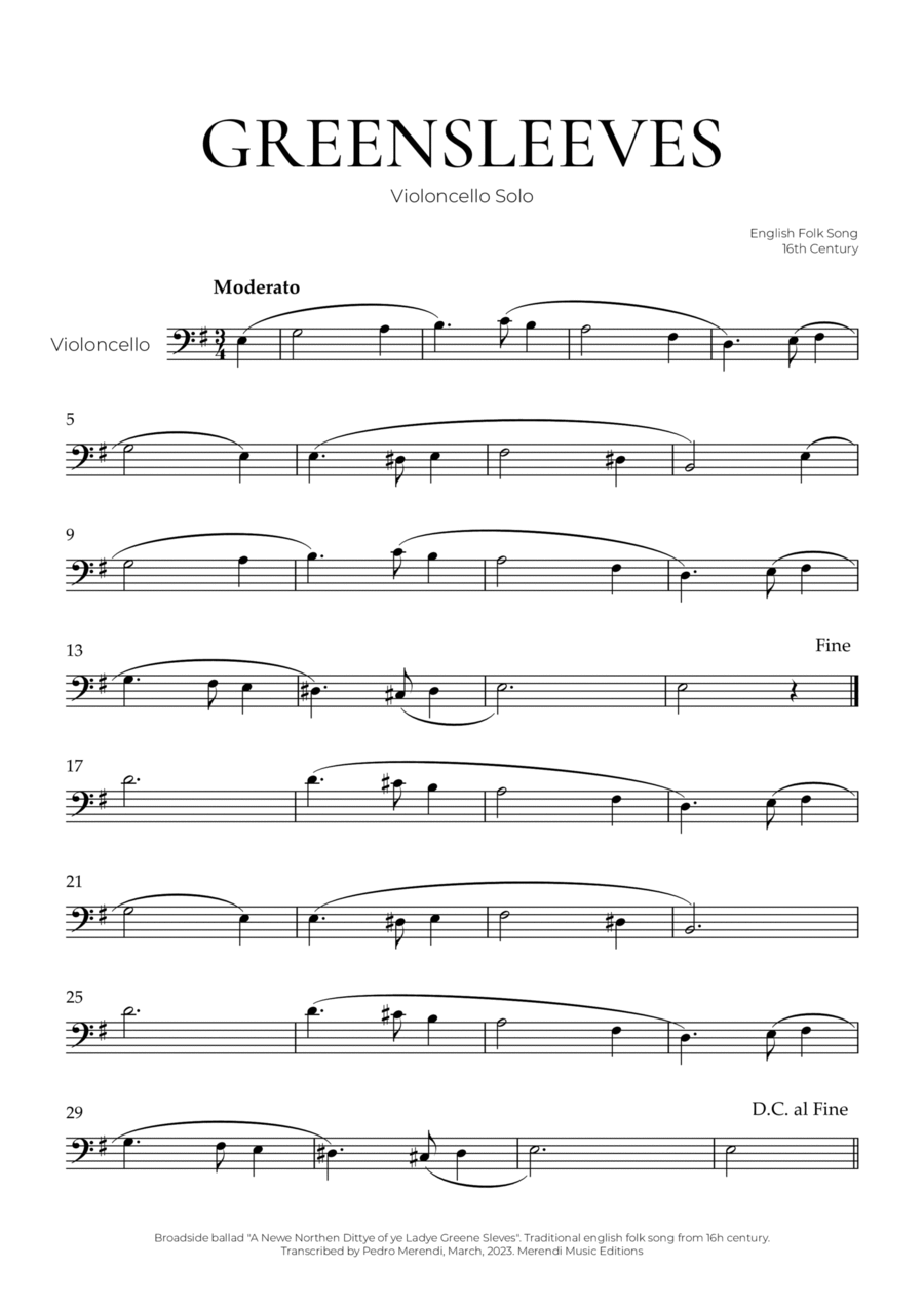 Greensleeves (Violoncello Solo) - English Folk Song Cello Solo scores gallery preview page 1