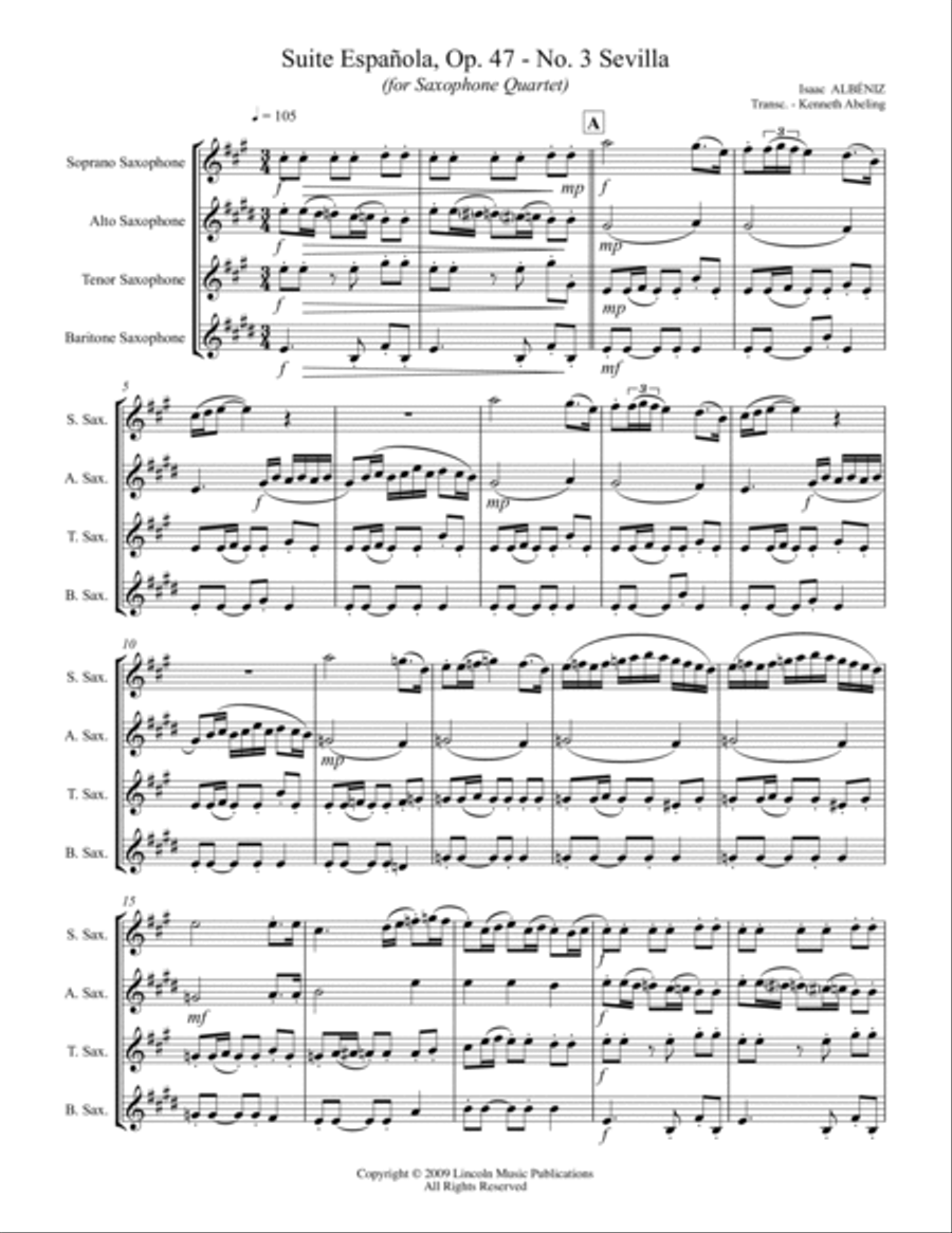 Albéniz - “Sevilla” from Suite Española (for Saxophone Quartet SATB) Saxophone Quartet scores gallery preview page 2
