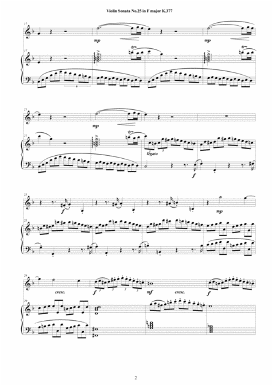 Mozart - Violin Sonata No.25 in F major K 377 for Violin and Piano - Score and Part Violin Solo scores gallery preview page 2
