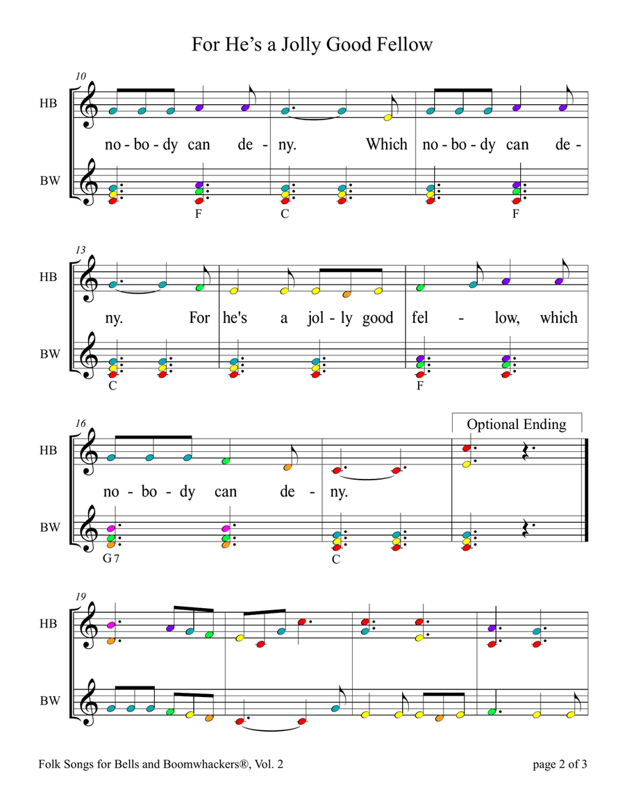 For He's a Jolly Good Fellow (for 8-note Bells and Boomwhackers with Color Coded Notes) Handbell Choir scores gallery preview page 6