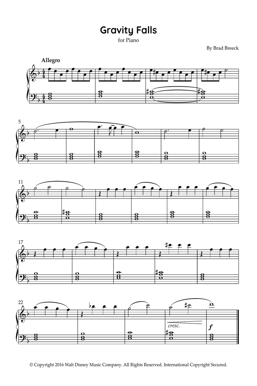 Gravity Falls (Main Theme) Easy Piano scores gallery preview page 1