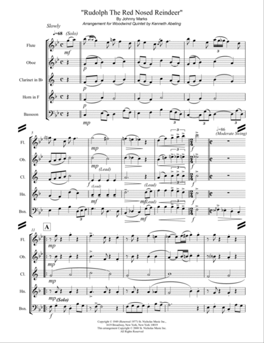 Rudolph The Red-nosed Reindeer Woodwind Quintet scores gallery preview page 2