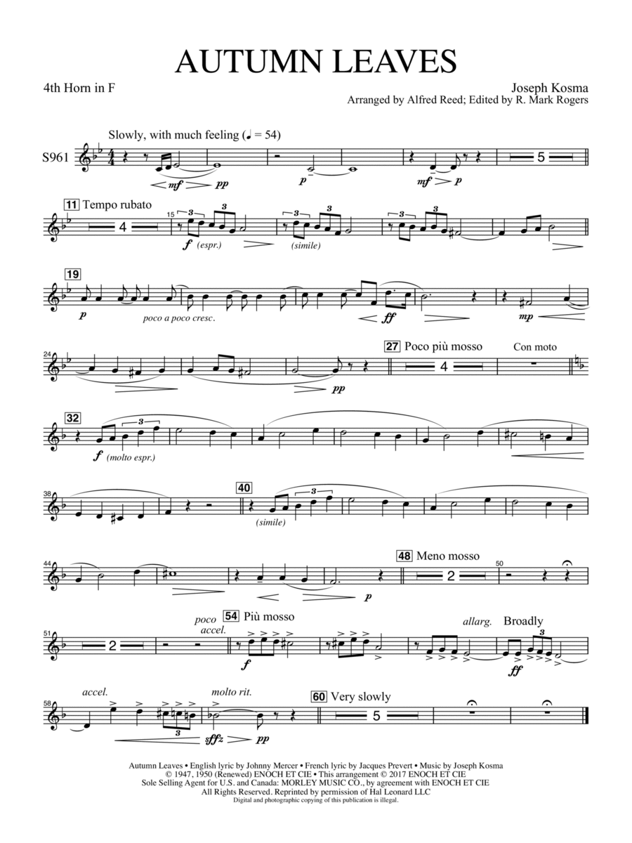 Autumn Leaves (Les feuilles mortes) - Horn 4 Concert Band scores gallery preview page 1