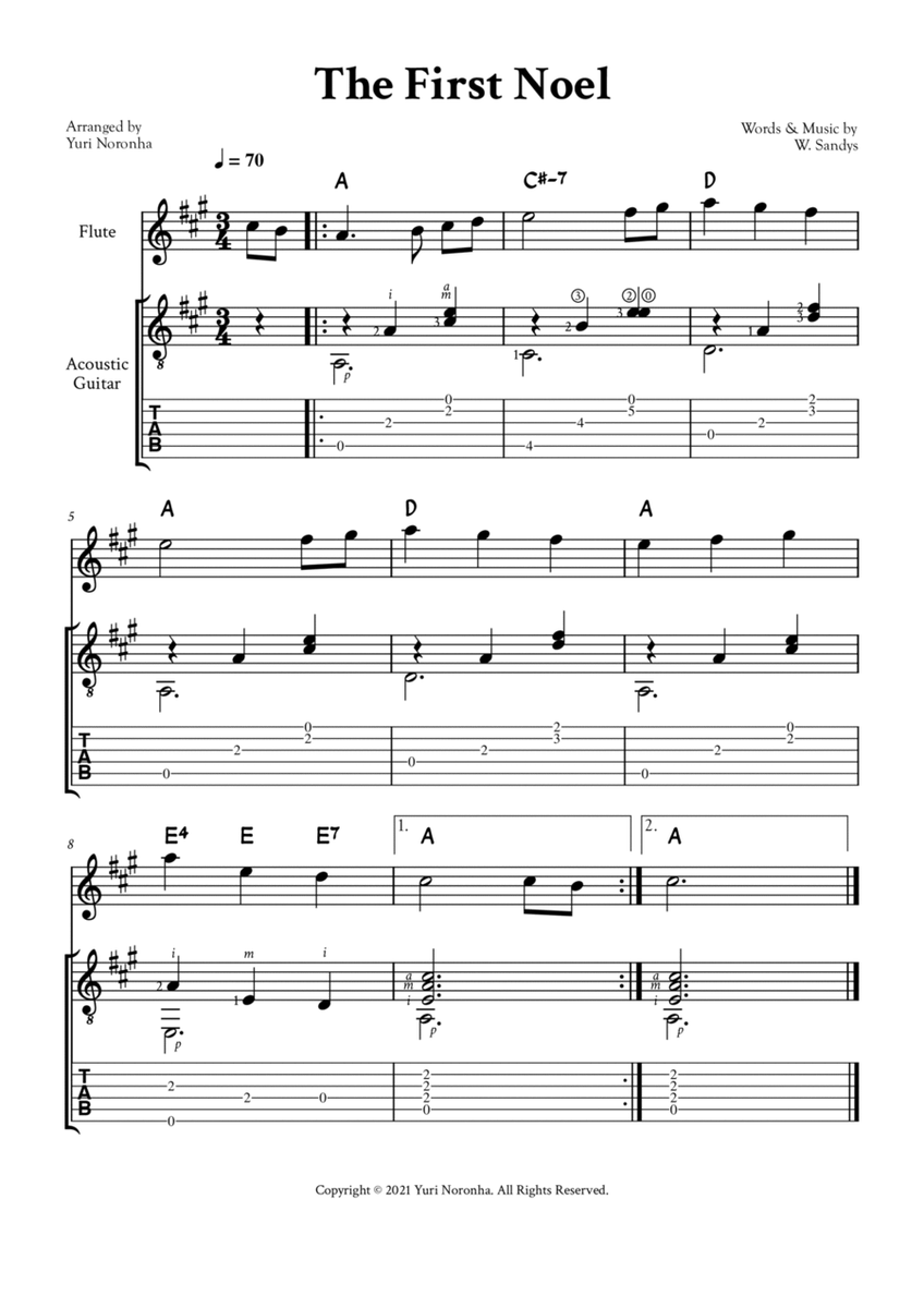 The First Noel - For Flute in A and Acoustic Guitar (TAB) image number null