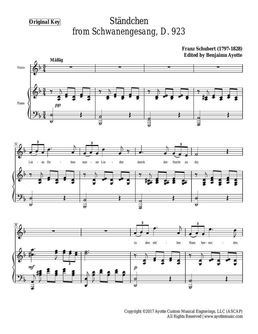 Schubert - Serenade (ständchen) from Schwanengesang for High Voice in D Minor Piano, Vocal scores gallery preview page 1