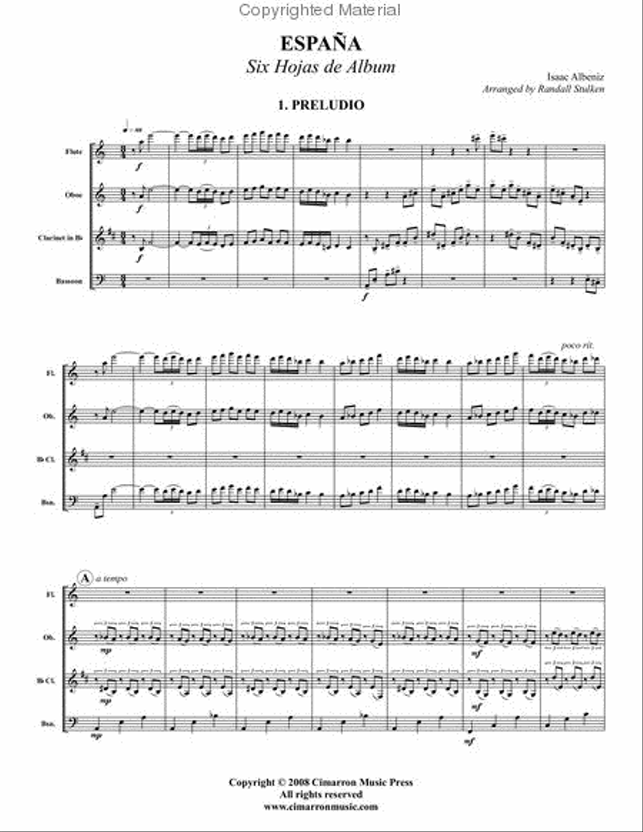Espana (Six Hojas de Album) Woodwind Quartet scores gallery preview page 2