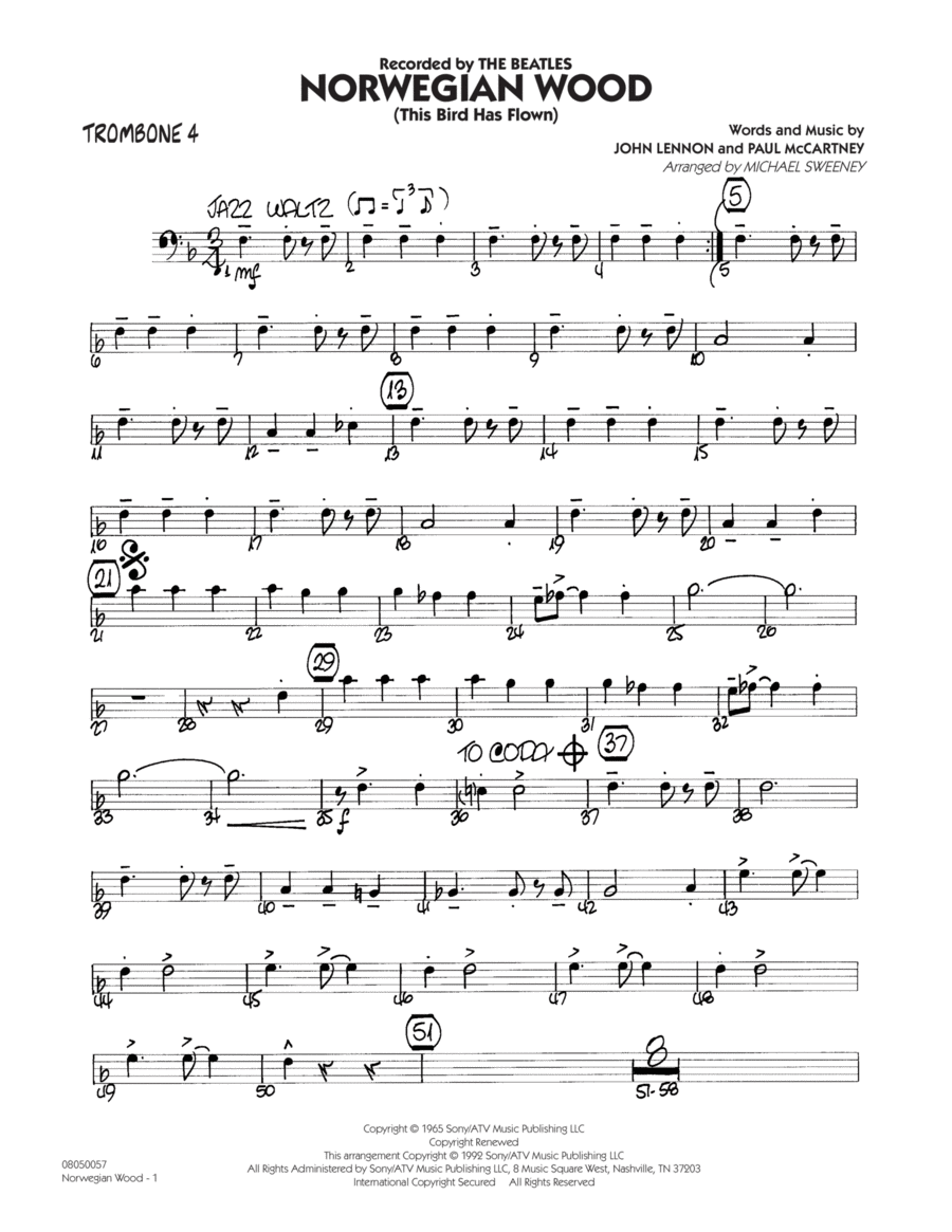 Norwegian Wood (This Bird Has Flown) - Trombone 4 Jazz Ensemble scores gallery preview page 1