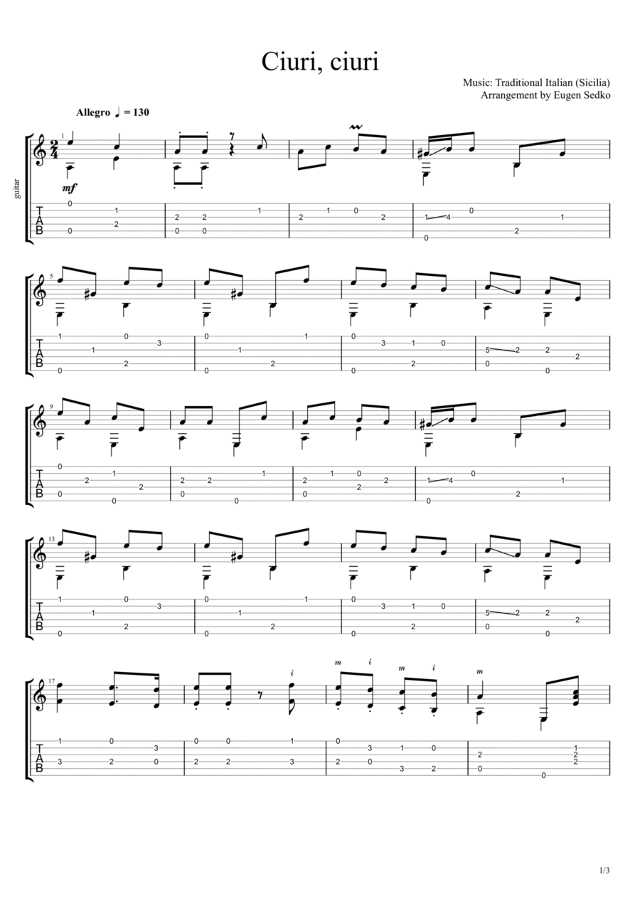 Ciuri, ciuri - Sicilian folk song for solo guitar Acoustic Guitar scores gallery preview page 1