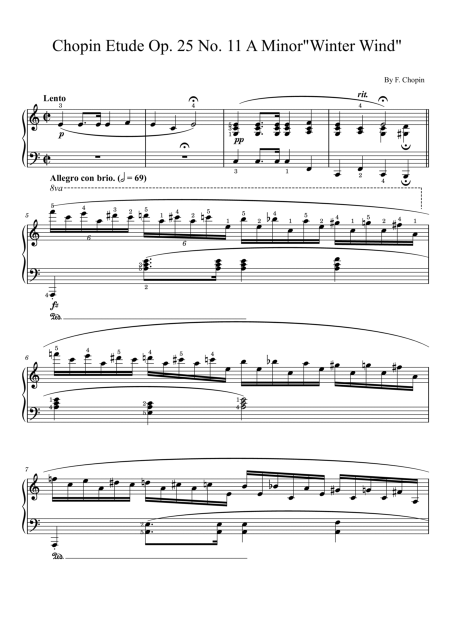 F. Chopin Etude Op.25 No.11 'Winter wind' (With Finger Number),Original Edition,For Piano Solo Piano Method scores gallery preview page 1