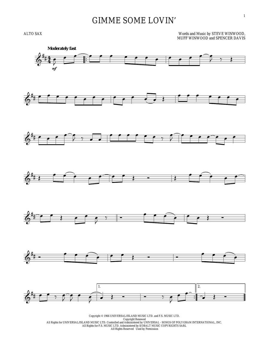 Gimme Some Lovin' Gimme Some Lovin' Alto Saxophone scores gallery preview page 1