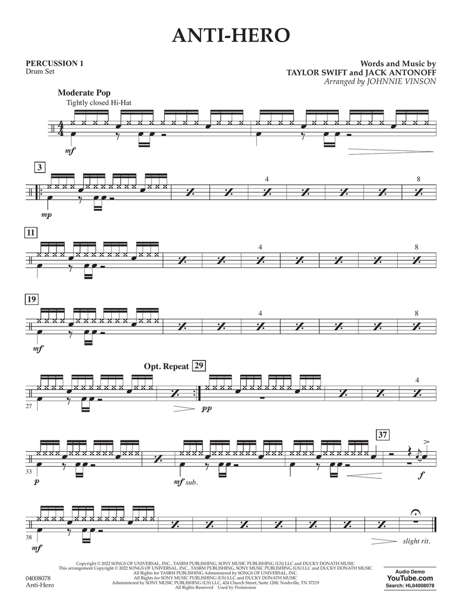 Anti-Hero (arr. Johnnie Vinson) - Percussion 1 Concert Band scores gallery preview page 1