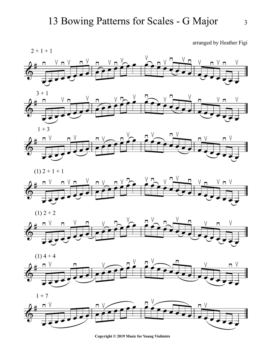 13 Bowing Patterns for Scales (+ Harmony) in the Keys of G, D, A, E, C, F, Bb & Eb Violin Solo scores gallery preview page 6