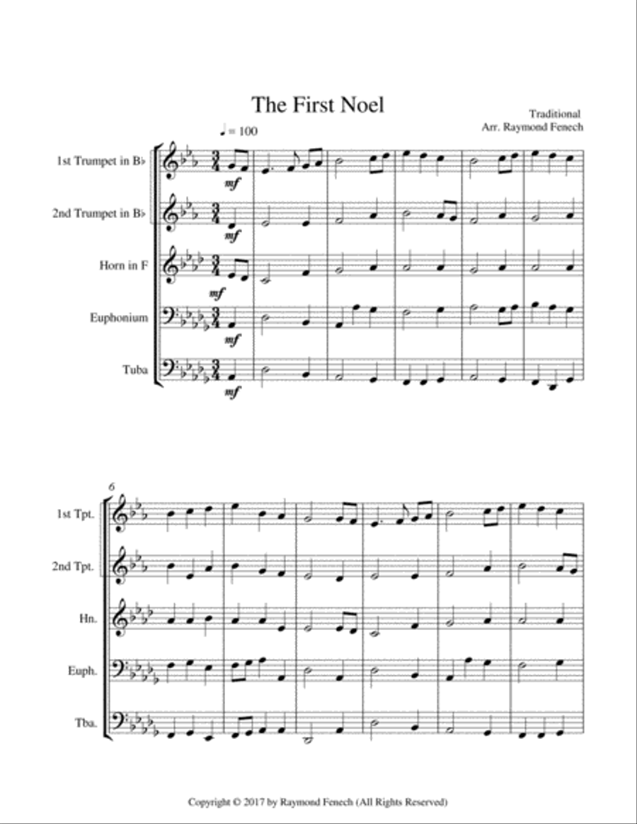 The First Noel - Christmas Sing along (For Brass Quintet - 2 Trumpets, Horn, Euphonium and Tuba) Brass Quintet scores gallery preview page 6