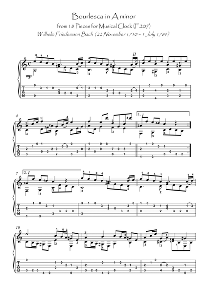 Bach for Guitar Pieces for Musical Clock Bourlesca by Wilhelm Friedemann Bach Acoustic Guitar - Digital Sheet Music