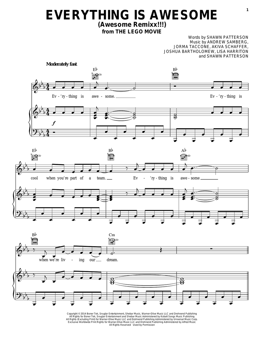 Everything Is Awesome (from The Lego Movie) (feat. The Lonely Island) Piano, Vocal, Guitar scores gallery preview page 1